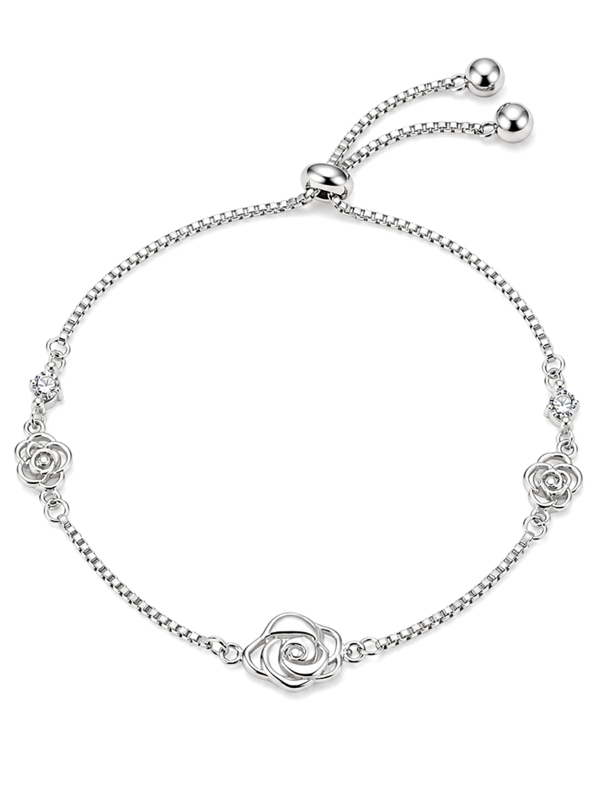 Silver Open Rose Charm Chain Bracelet
