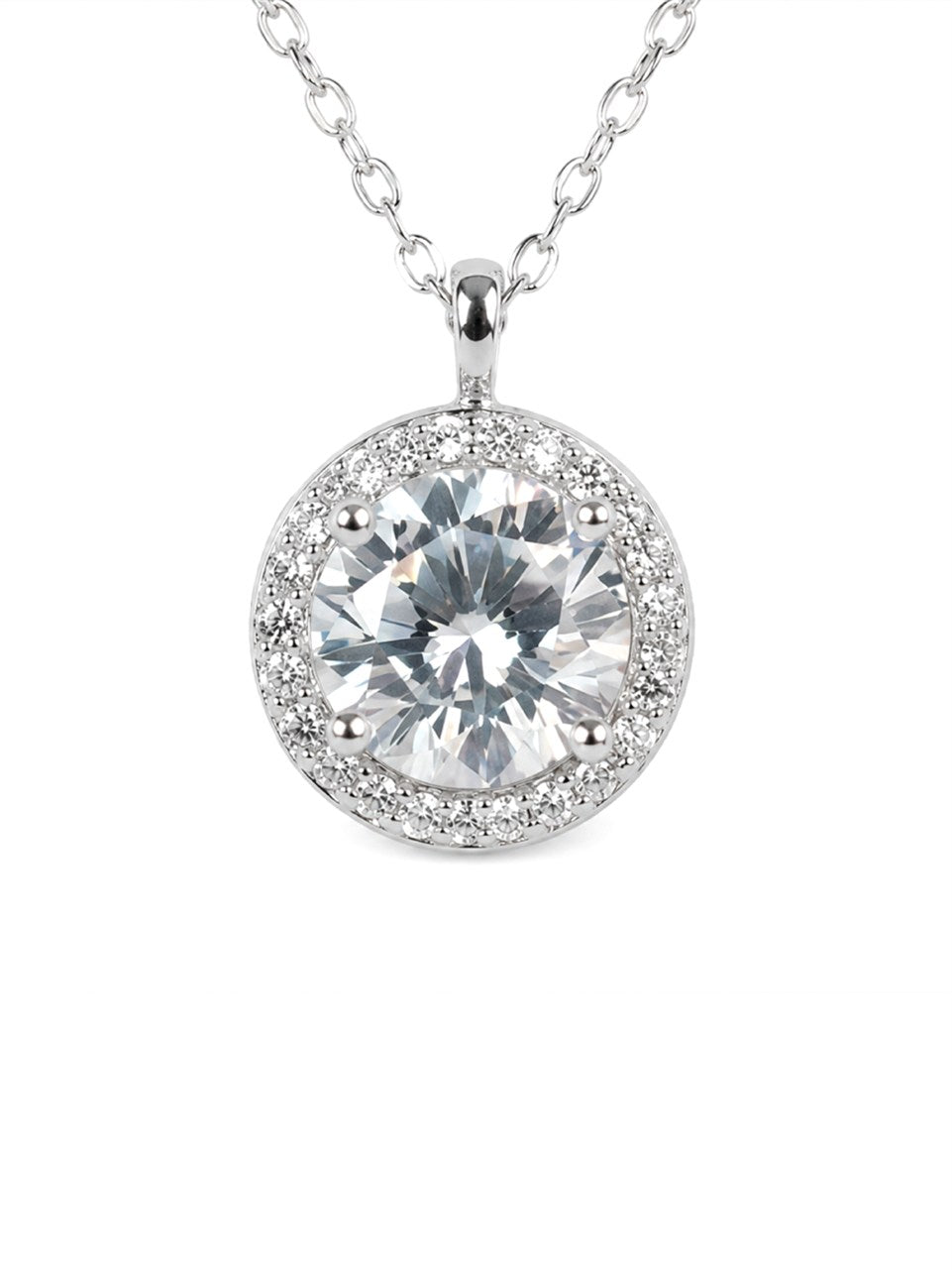 Silver Round Halo Pendant Necklace