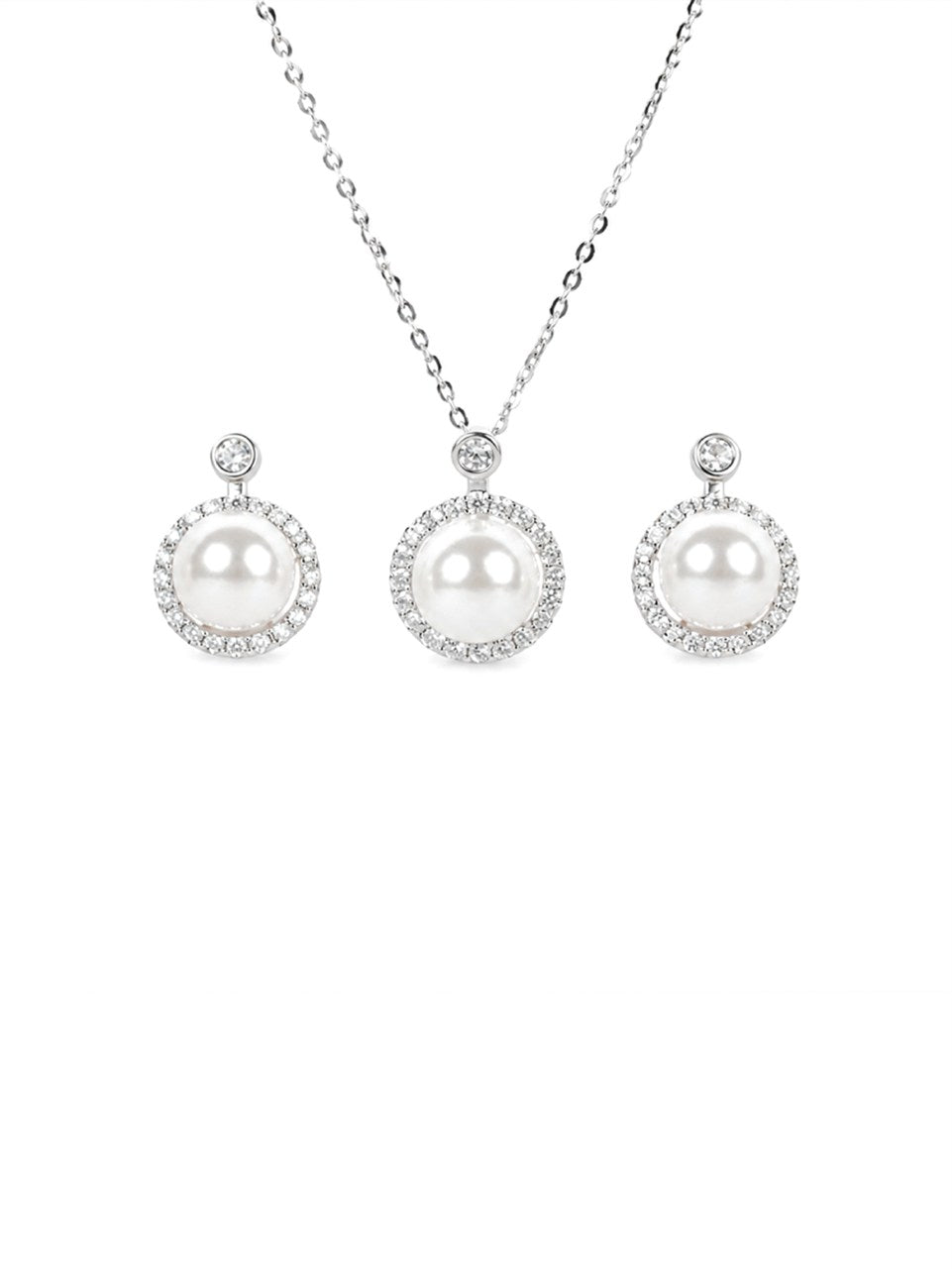 Silver Round Halo Necklace and Earring Set
