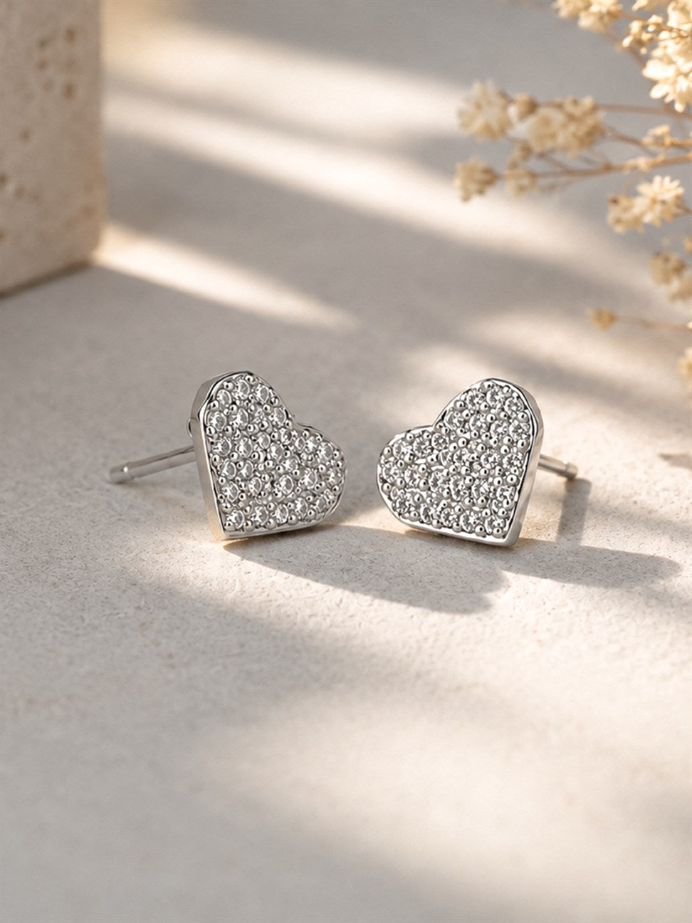 Silver Pave Heart Stud Earrings