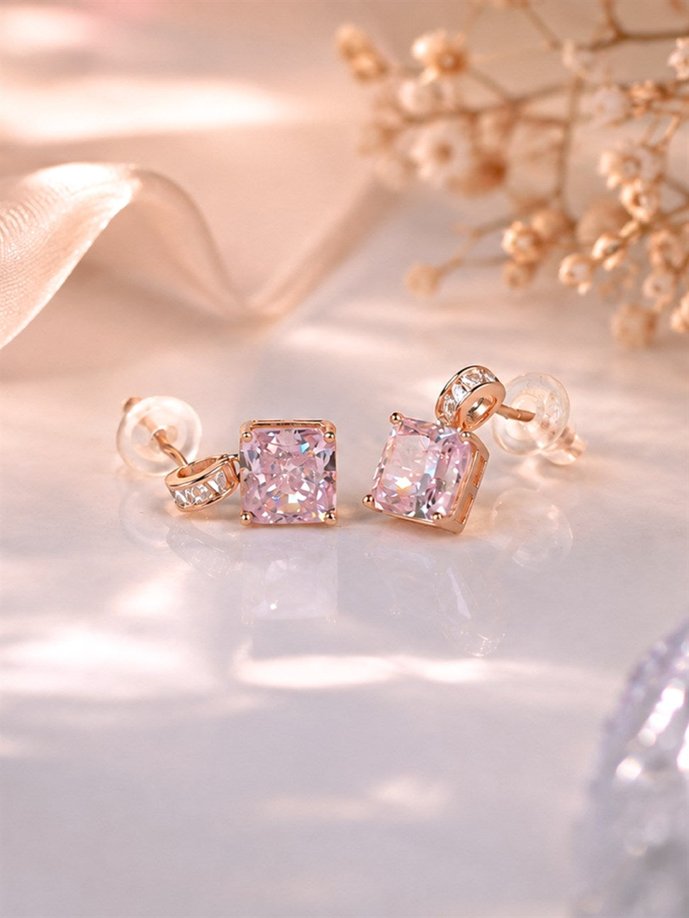 Rose Gold Pink Stone Stud Earrings