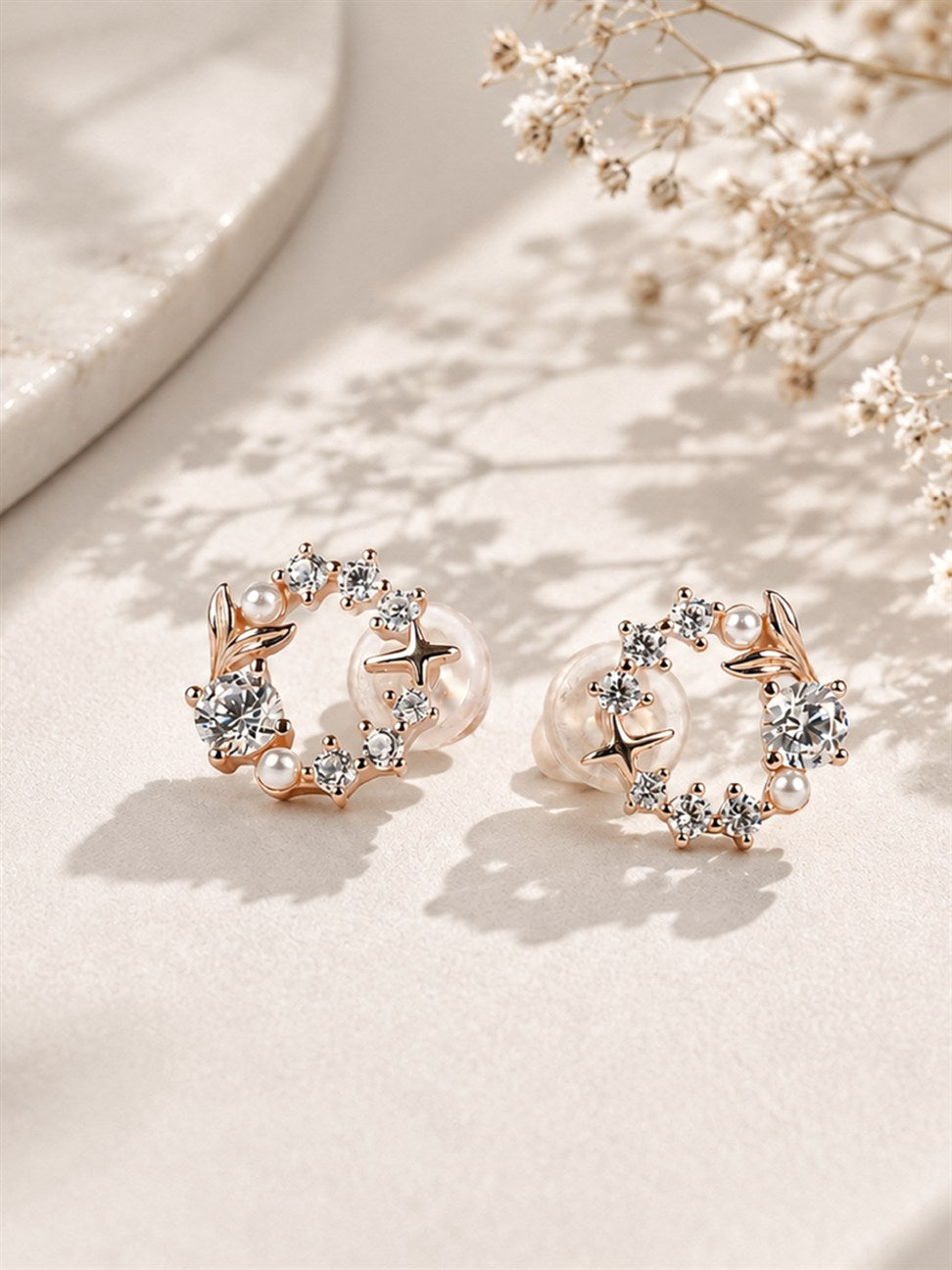 Rose Gold Floral Crystal Stud Earrings
