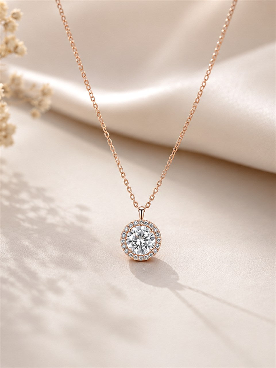 Rose Gold Round Halo Pendant Necklace