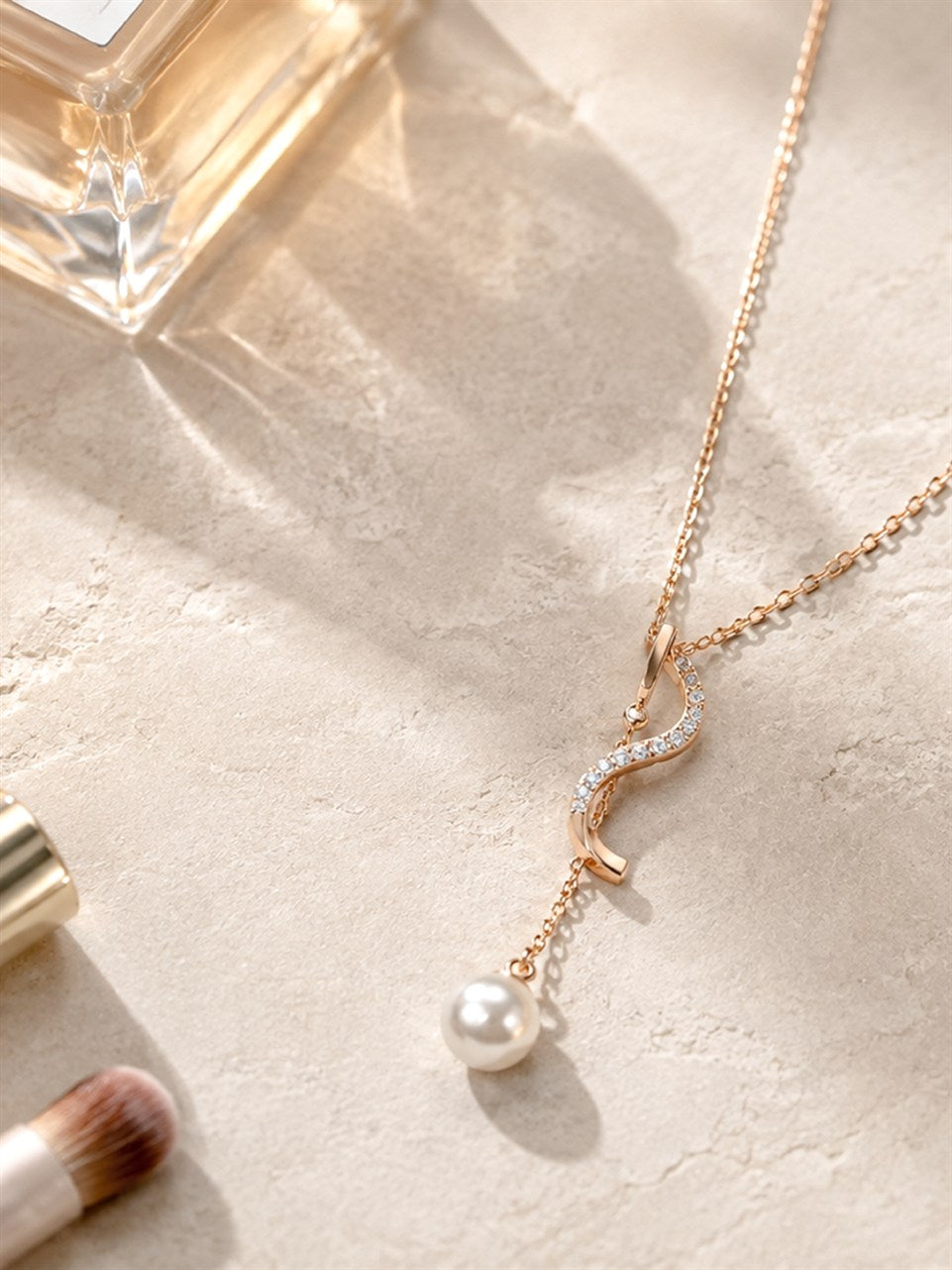 Rose Gold Curved Pearl Drop Necklace