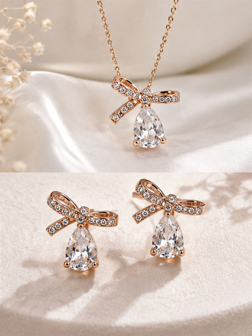 Rose Gold Bow Ribbon Necklace and Earring Set