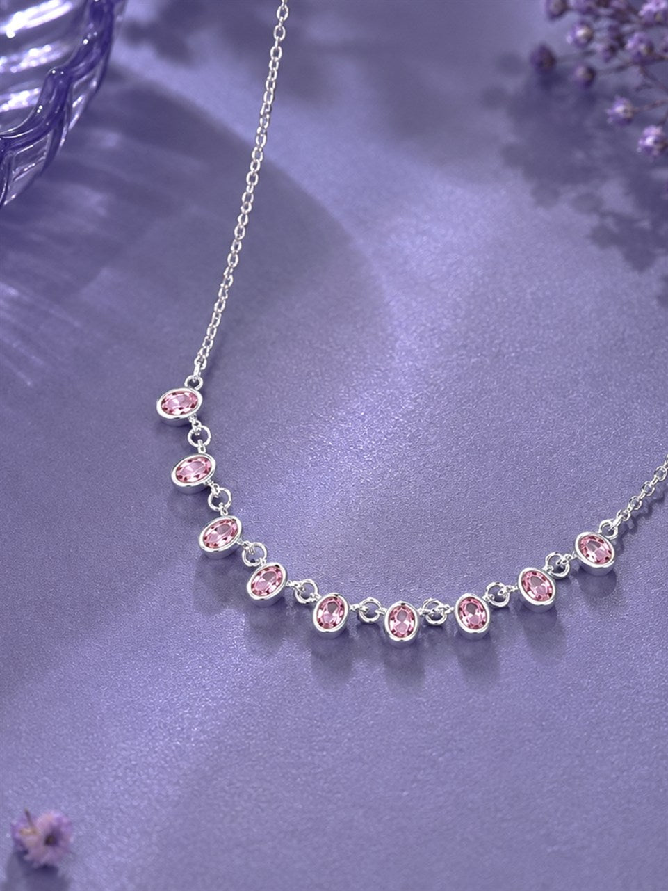 Silver Pink Stone Cluster Necklace