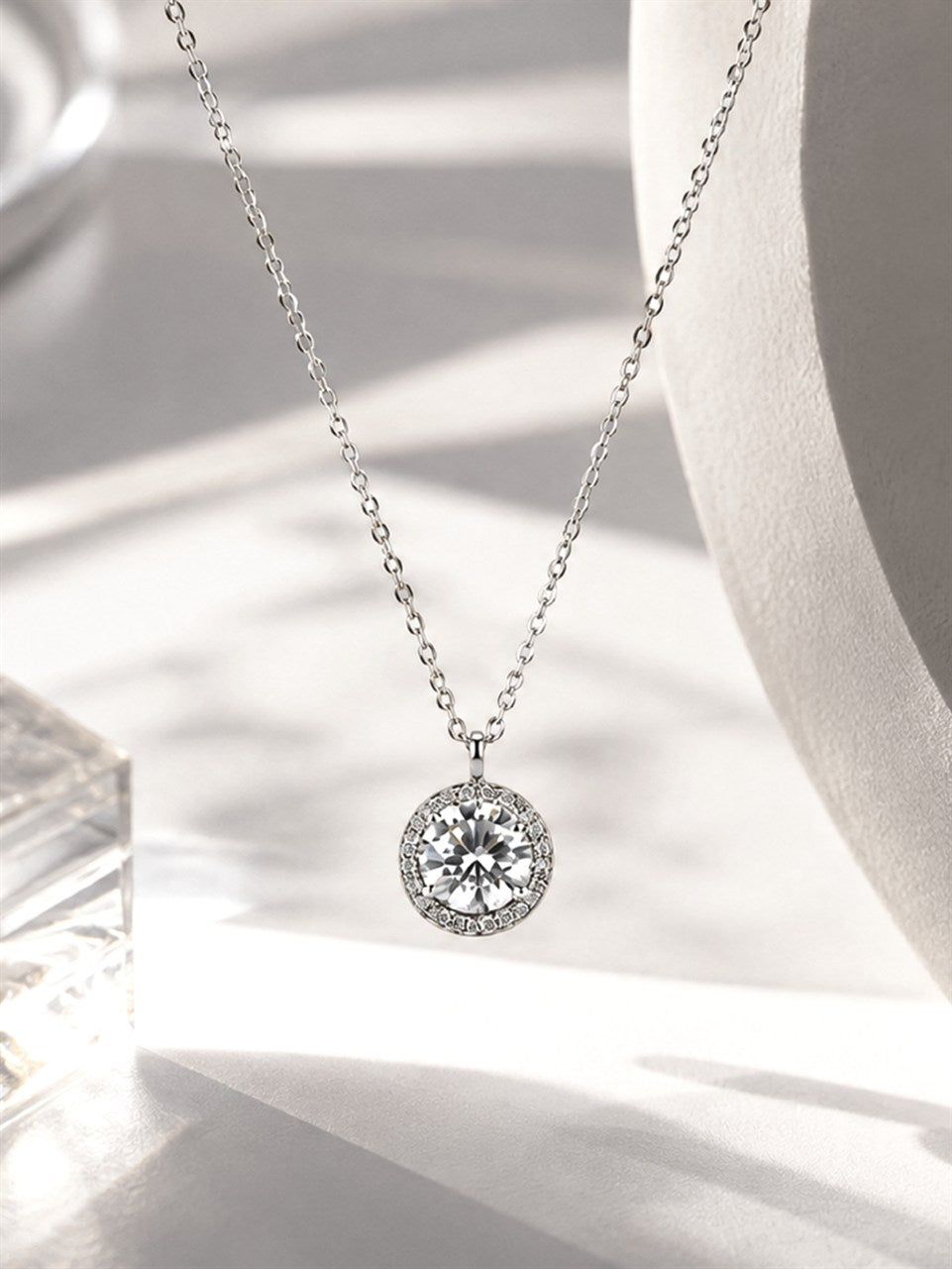 Silver Round Halo Pendant Necklace