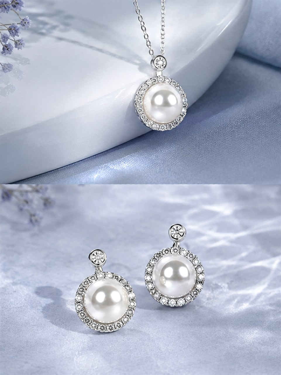Silver Round Halo Necklace and Earring Set