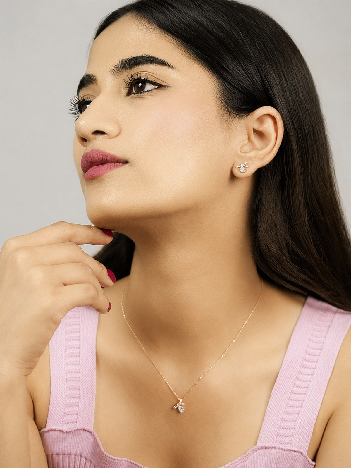 Rose Gold Bow Ribbon Necklace and Earring Set