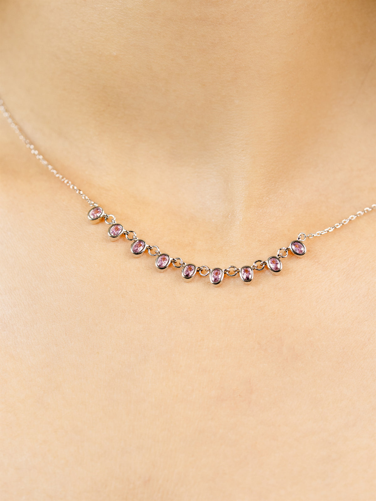 Silver Pink Stone Cluster Necklace