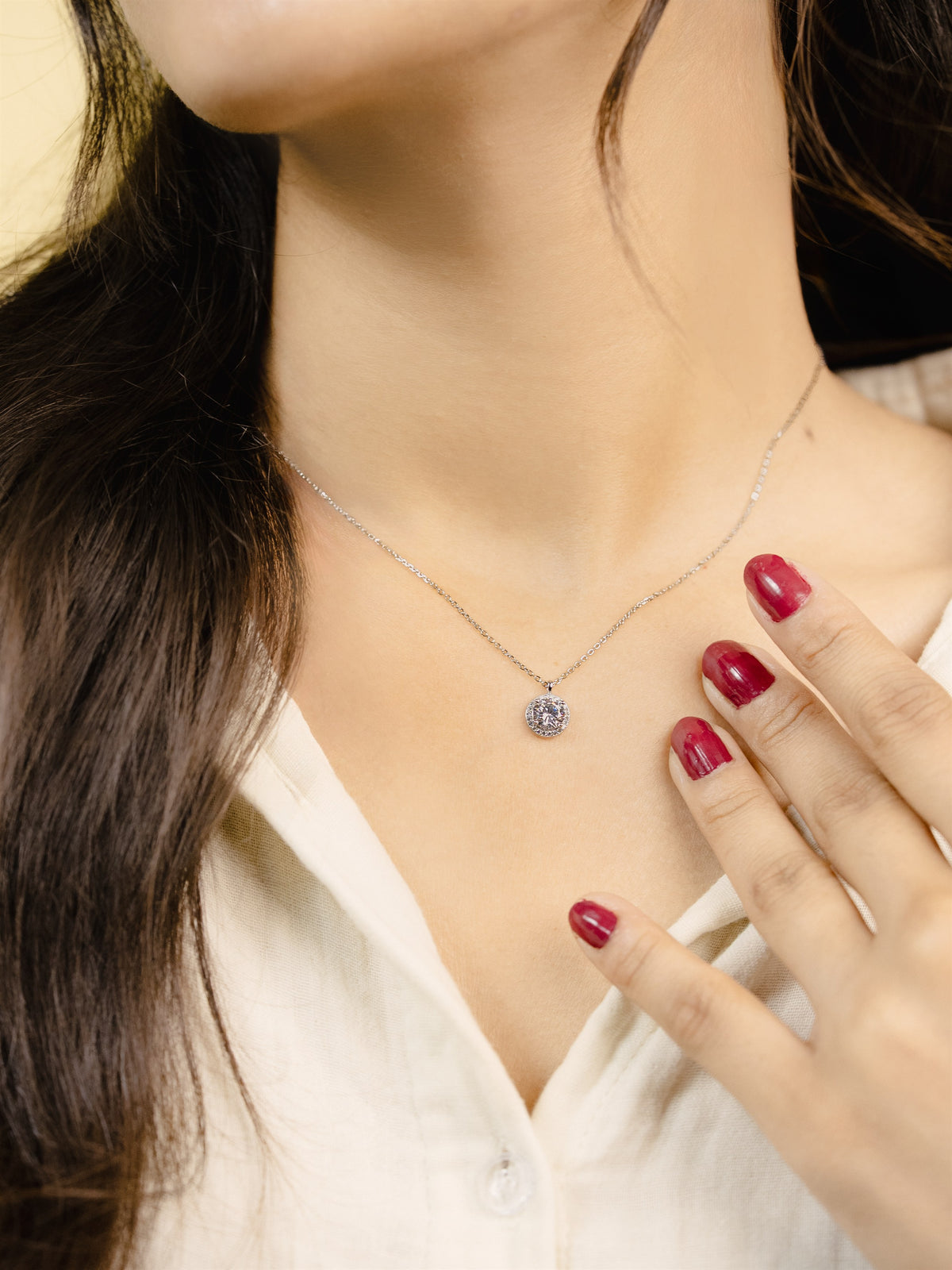 Silver Round Halo Pendant Necklace