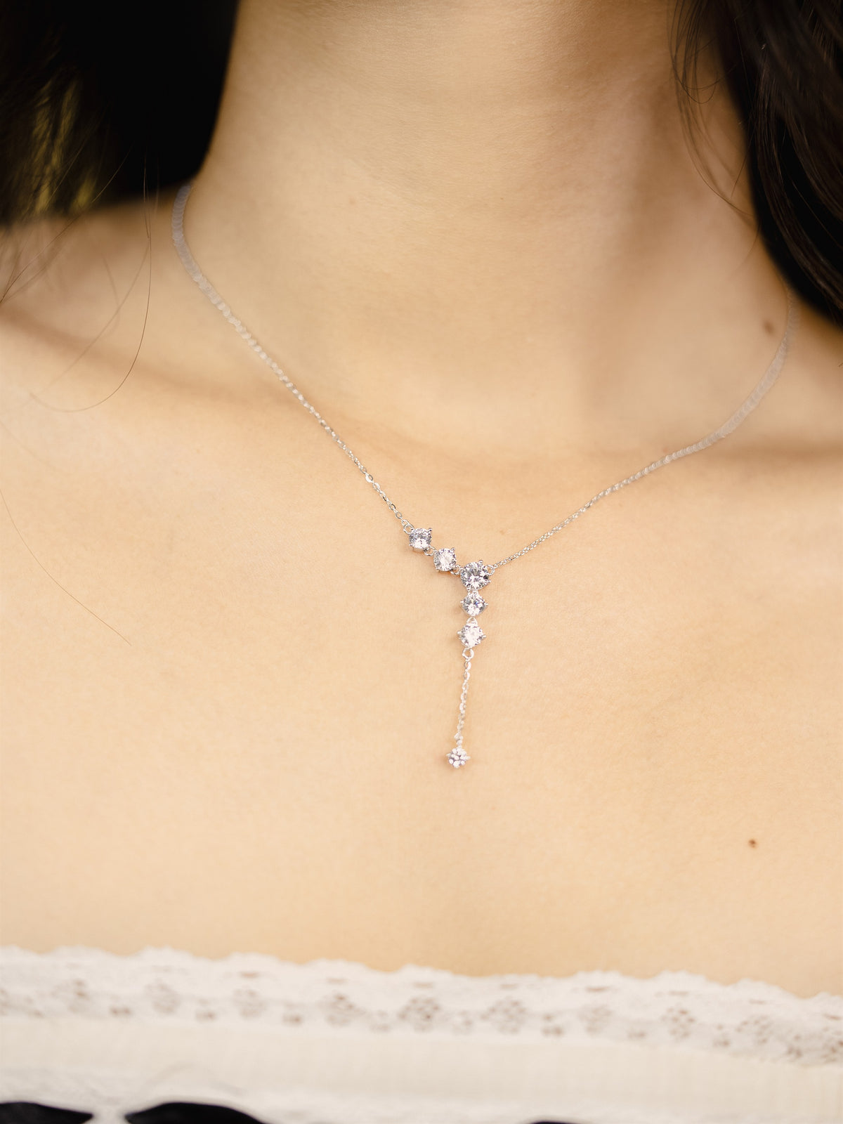 Silver Crystal Lariat Necklace